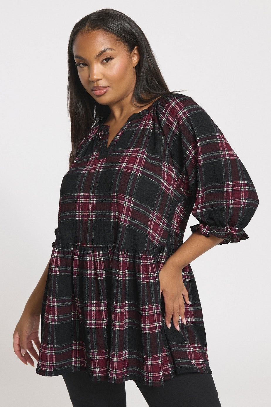 Yours Curve Black Check Textured Peplum Top
