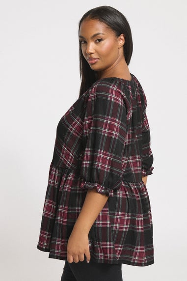 Yours Curve Black Check Textured Peplum Top