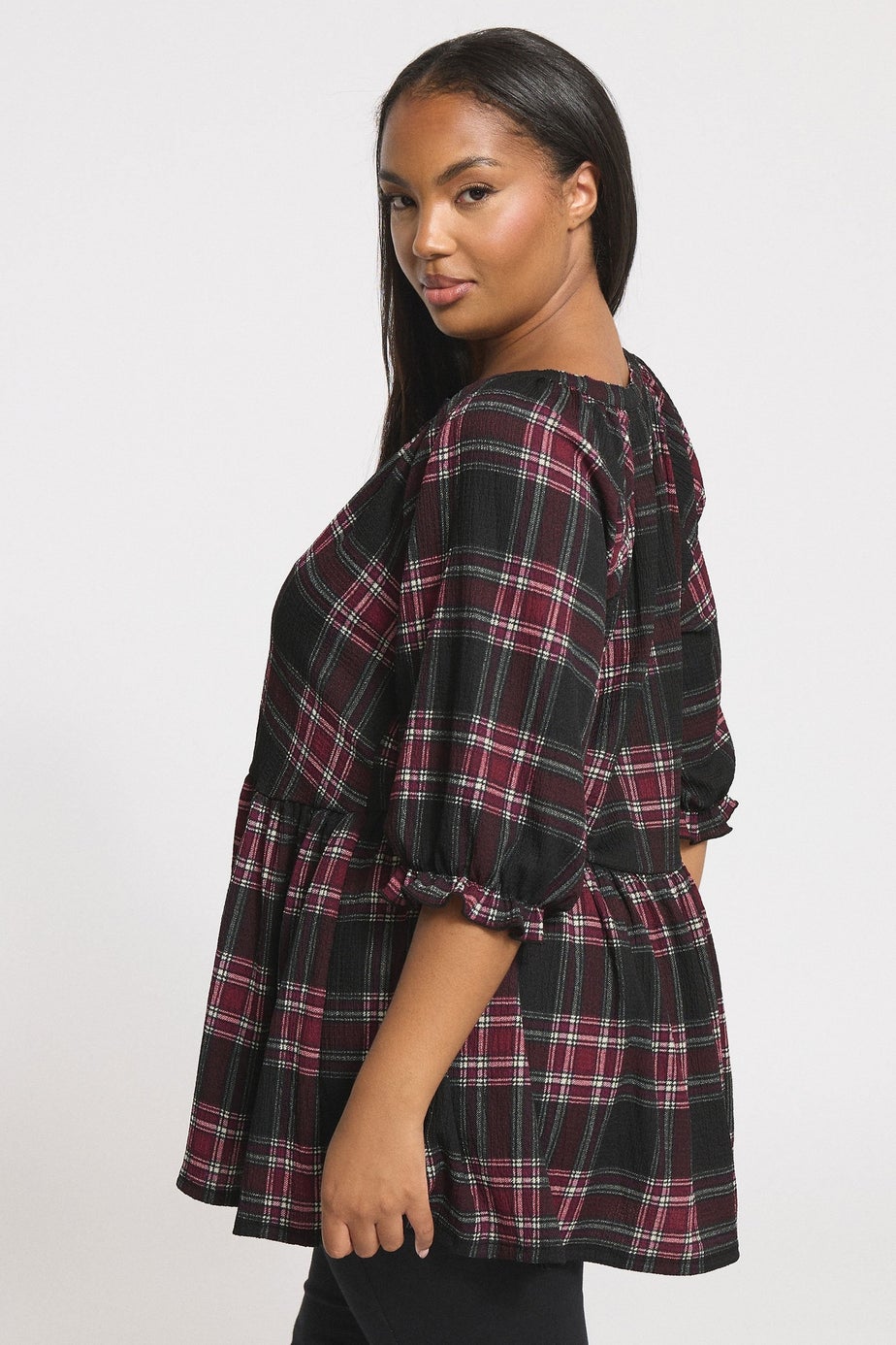 Yours Curve Black Check Textured Peplum Top