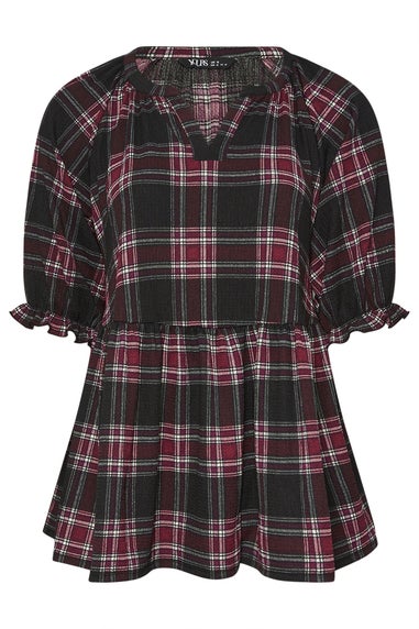 Yours Curve Black Check Textured Peplum Top