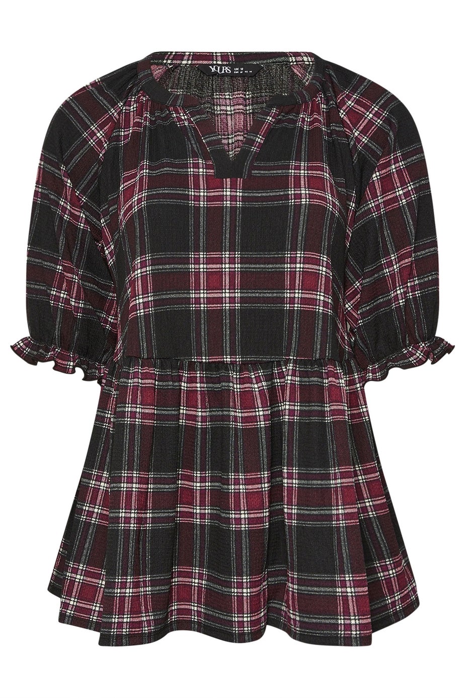 Yours Curve Black Check Textured Peplum Top