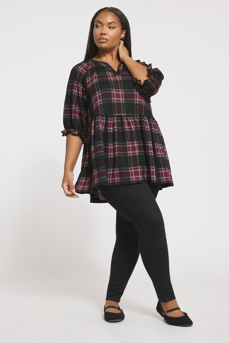 Yours Curve Black Check Textured Peplum Top