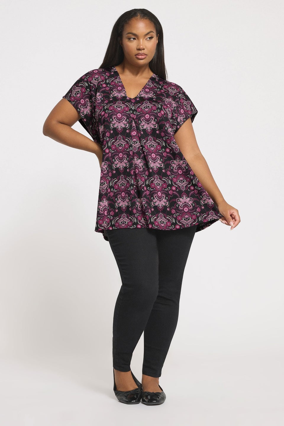 Yours Curve Black Paisley Print Pleated Top