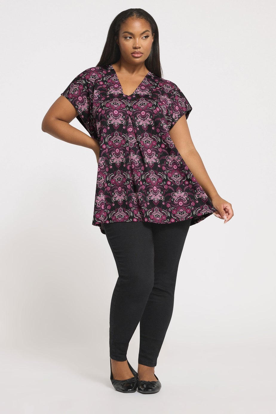 Yours Curve Black Paisley Print Pleated Top