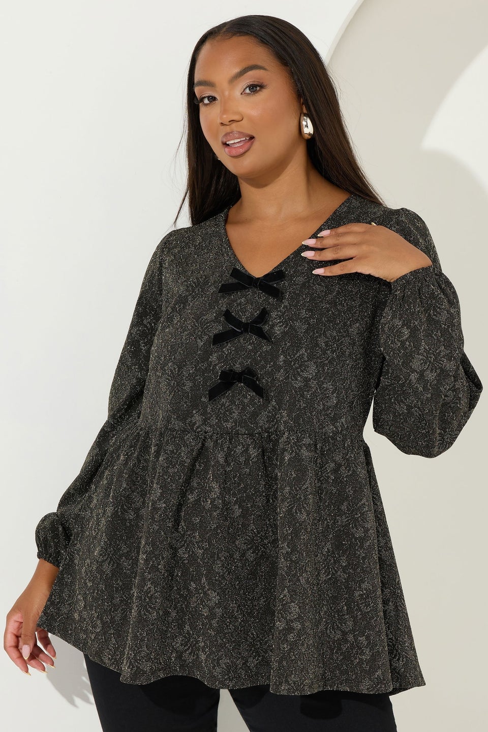 Yours Gold Floral Jacquard Bow Front Top