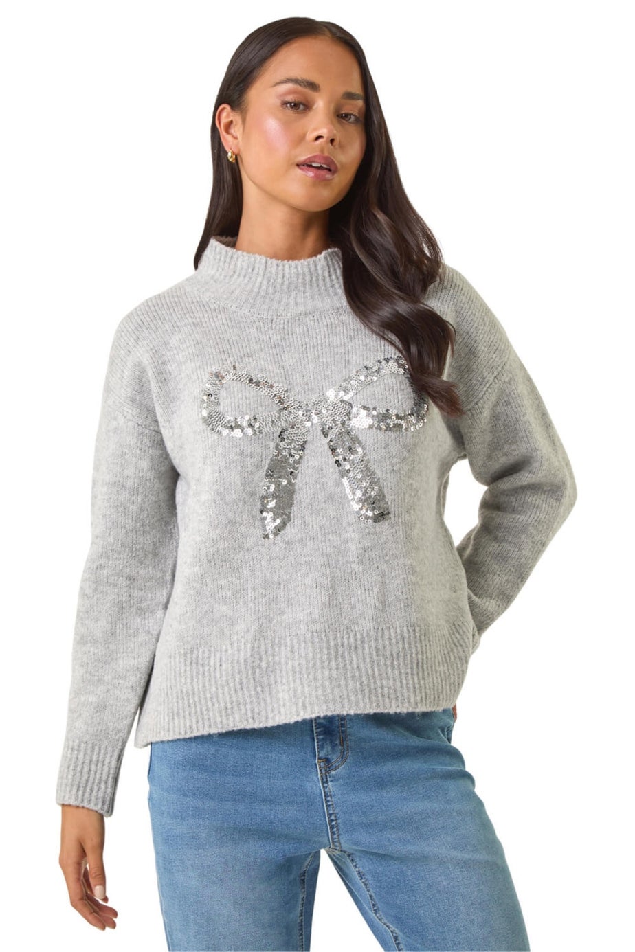 Roman Grey Petite Sequin Bow Knit Jumper