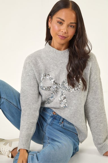 Roman Grey Petite Sequin Bow Knit Jumper