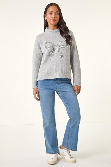 Roman Grey Petite Sequin Bow Knit Jumper