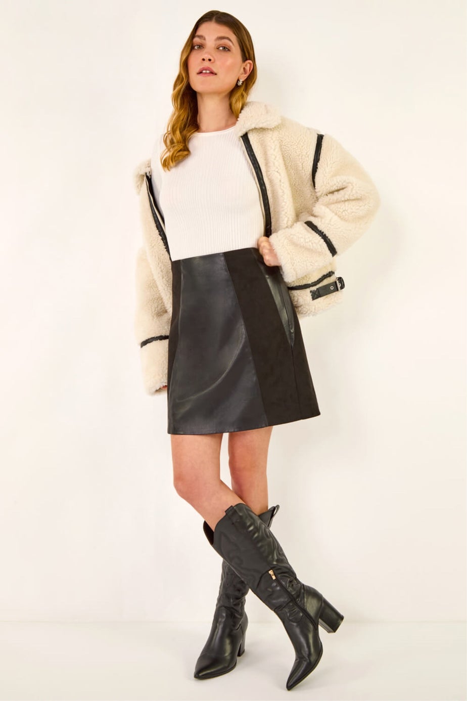 Roman Black Faux Suede Mix Stretch Skirt