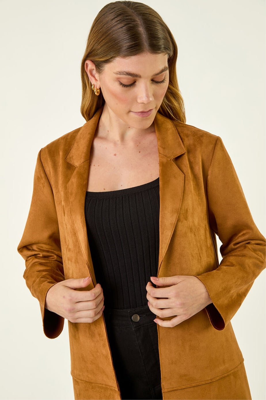 Roman Tan Faux Suede Longline Thrown On Jacket