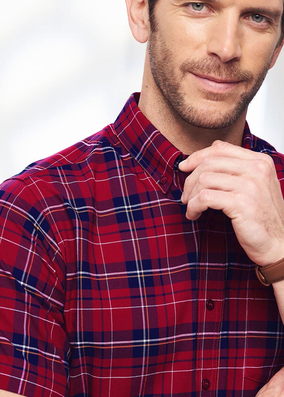 Cotton Traders Dark Crimson Iconic Short Sleeve Patterned Oxford Shirt