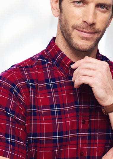 Cotton Traders Dark Crimson Iconic Short Sleeve Patterned Oxford Shirt