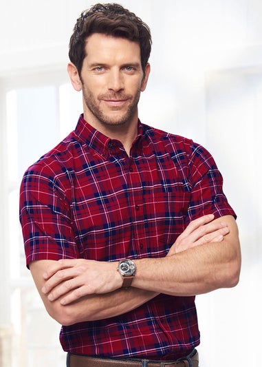 Cotton Traders Dark Crimson Iconic Short Sleeve Patterned Oxford Shirt