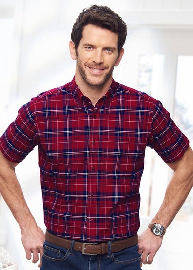 Cotton Traders Dark Crimson Iconic Short Sleeve Patterned Oxford Shirt