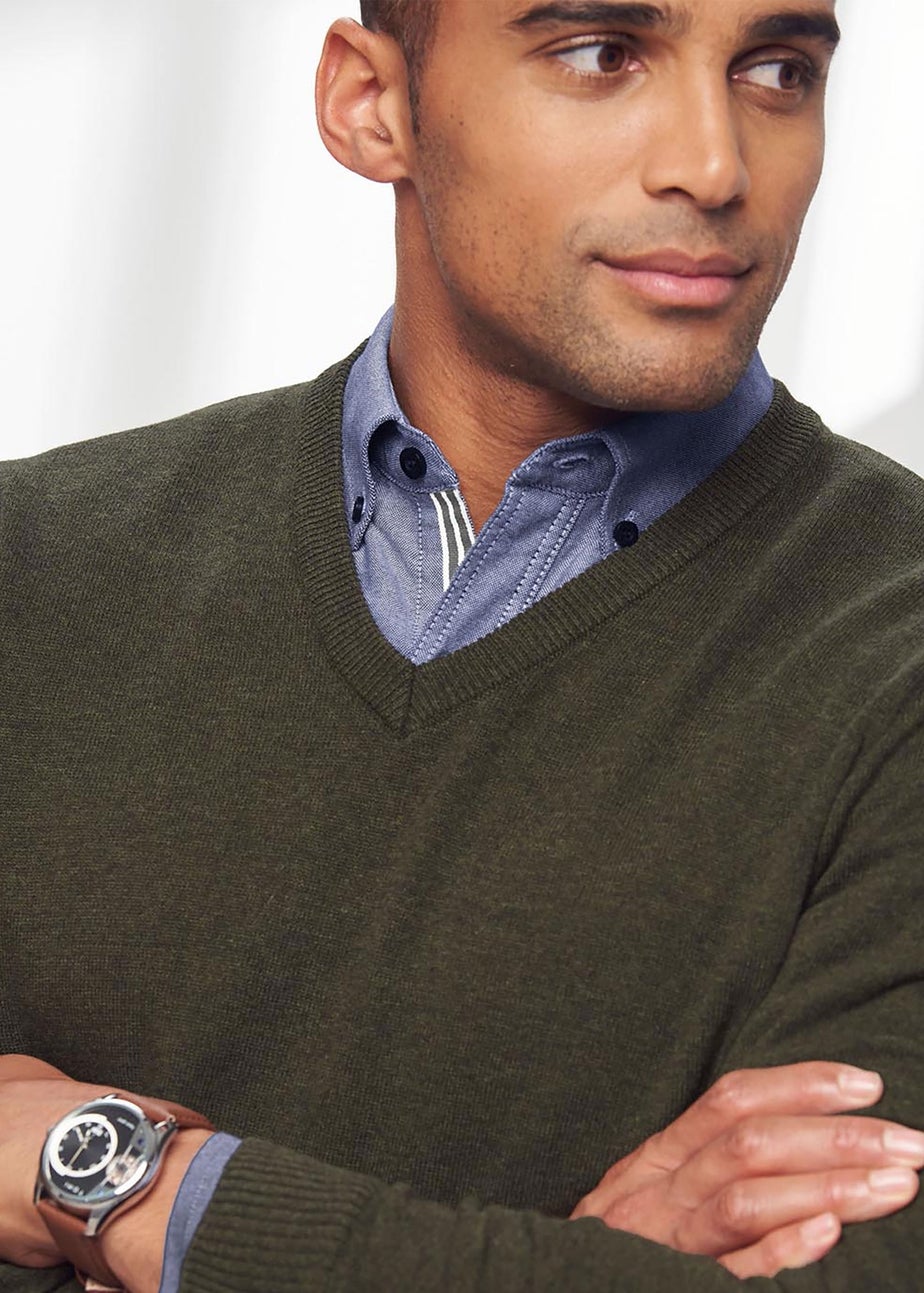 Cotton Traders Dark Thyme Cotton V-Neck Jumper