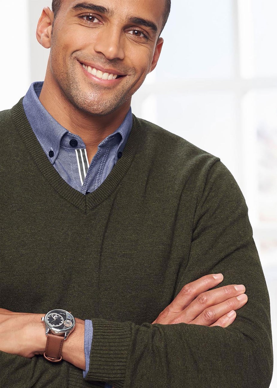 Cotton Traders Dark Thyme Cotton V-Neck Jumper