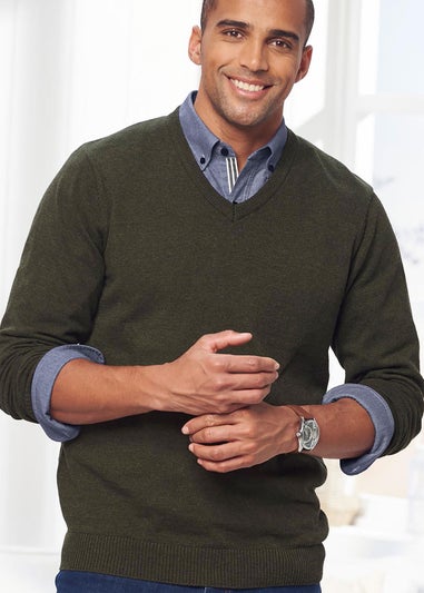 Cotton Traders Dark Thyme Cotton V-Neck Jumper