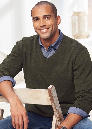 Cotton Traders Dark Thyme Cotton V-Neck Jumper