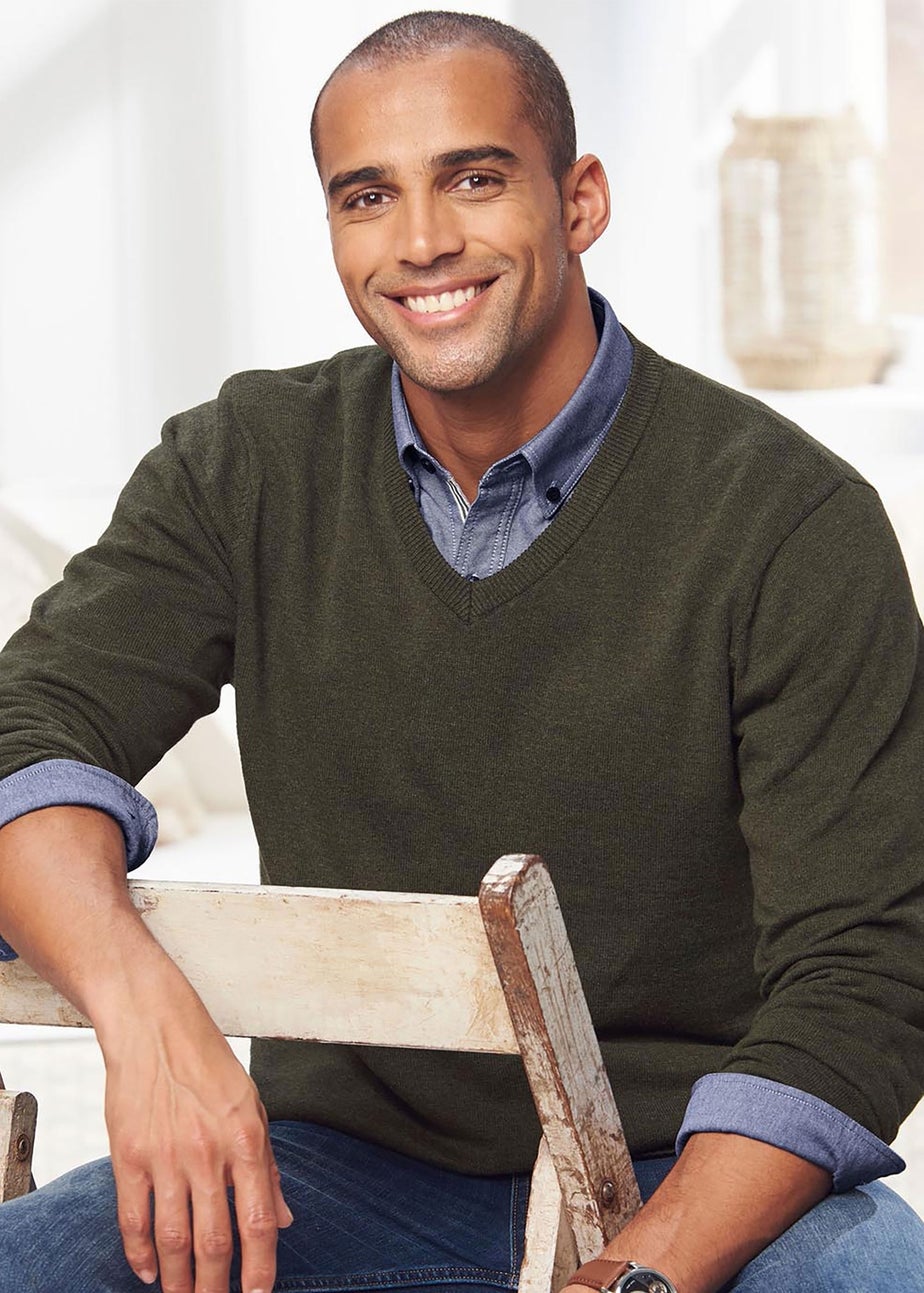 Cotton Traders Dark Thyme Cotton V-Neck Jumper