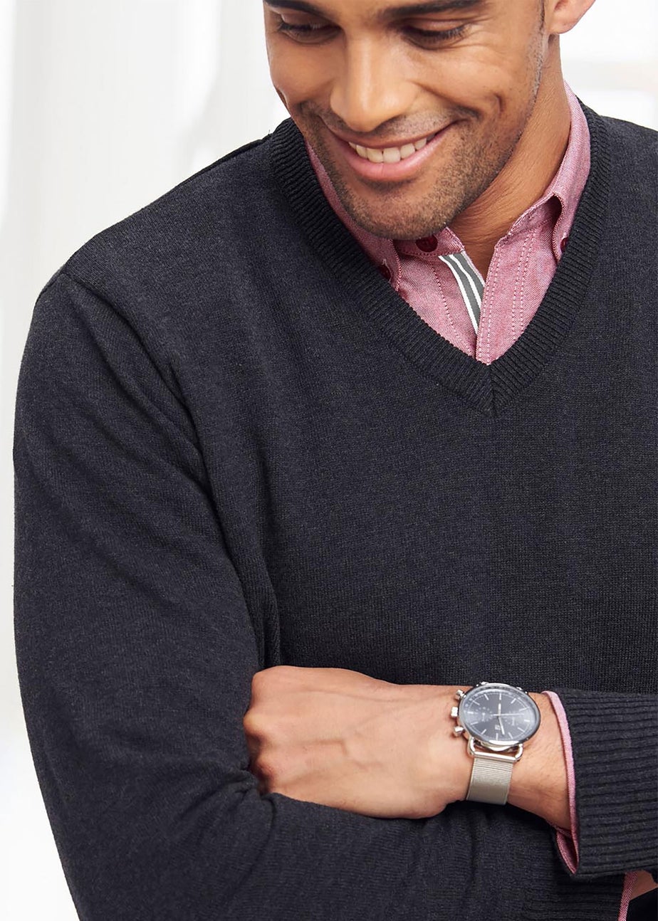 Cotton Traders Steel Grey Cotton V-Neck Jumper