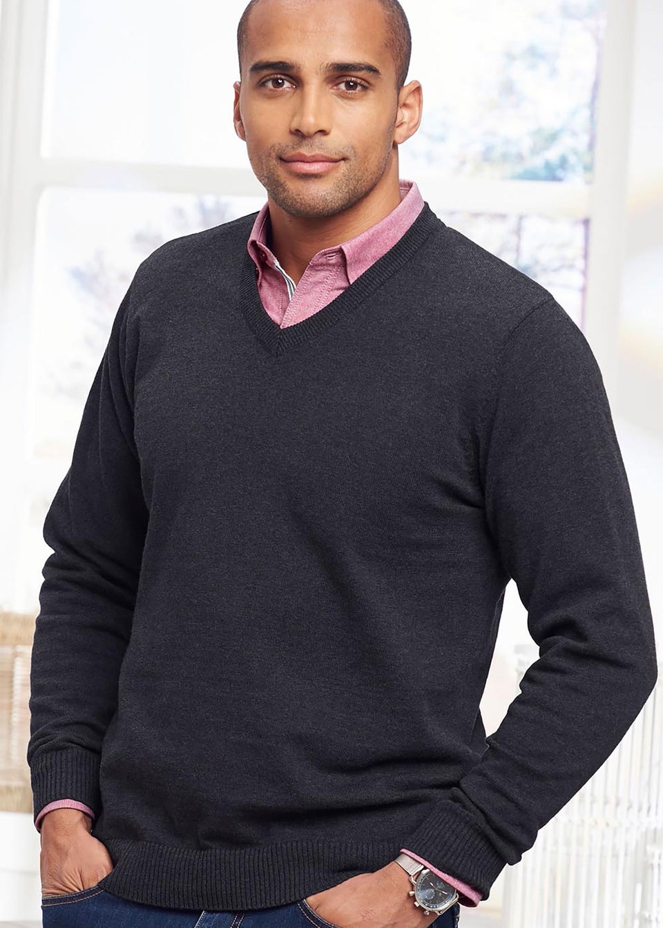 Cotton Traders Steel Grey Cotton V-Neck Jumper