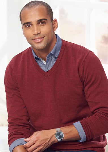 Cotton Traders Rusty Red Cotton V-Neck Jumper