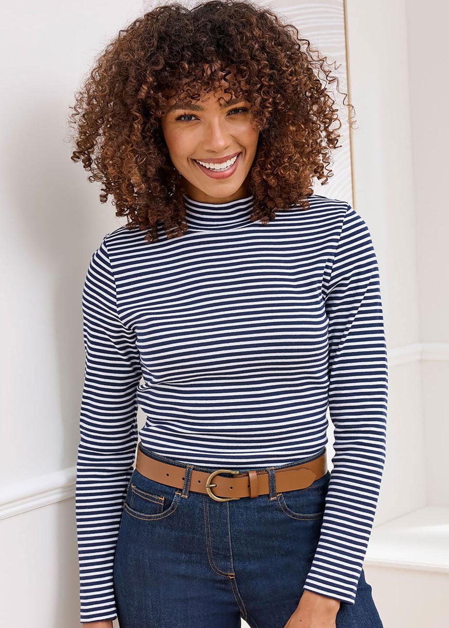 Cotton Traders Navy Wrinkle Free Long Sleeve Stripe Turtleneck Top