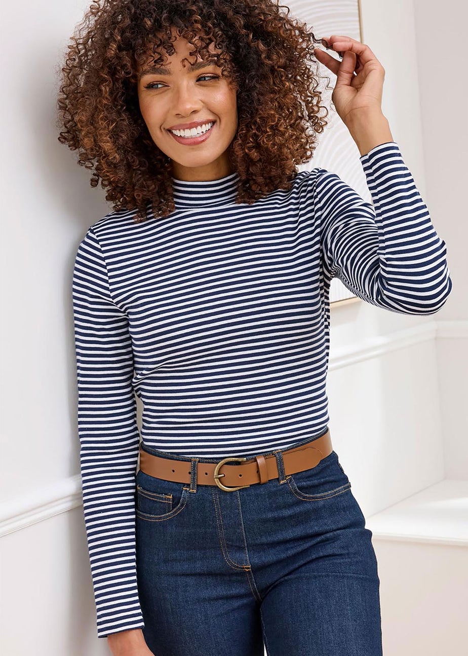 Cotton Traders Navy Wrinkle Free Long Sleeve Stripe Turtleneck Top