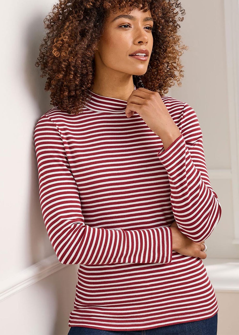 Cotton Traders Rusty Red Wrinkle Free Long Sleeve Stripe Turtleneck Top