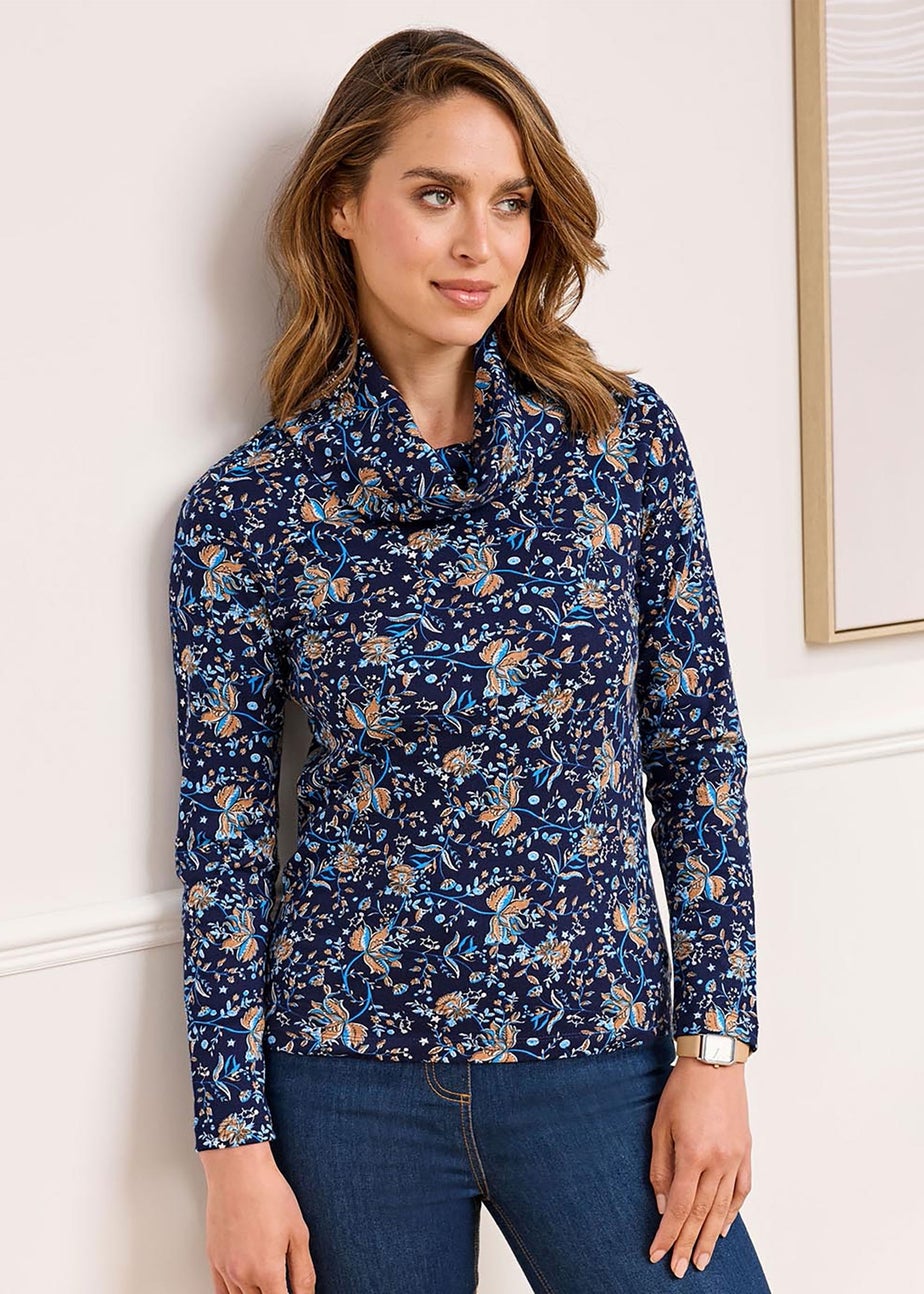 Cotton Traders Navy Cosy-Up Long-Sleeve Print Cowl Neck Top