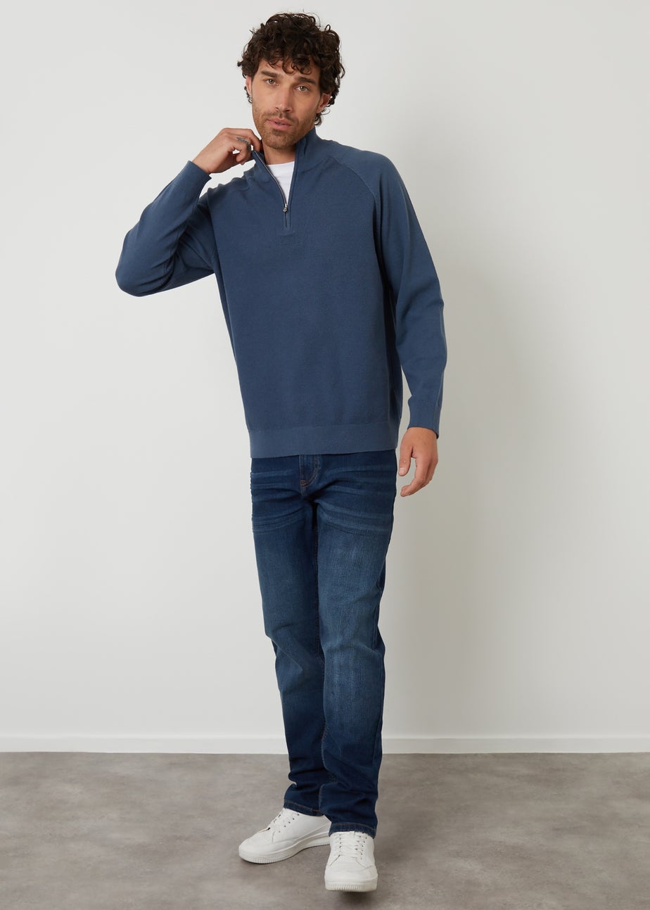 Threadbare Blue Mock Tee Textured Knit Quarter Zip Jumper