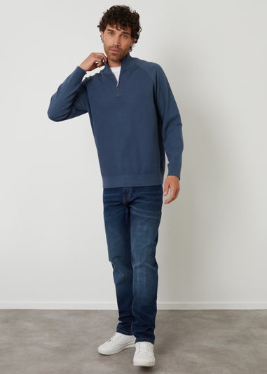 Threadbare Blue Mock Tee Textured Knit Quarter Zip Jumper