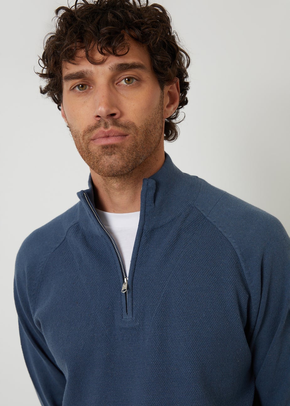 Threadbare Blue Mock Tee Textured Knit Quarter Zip Jumper