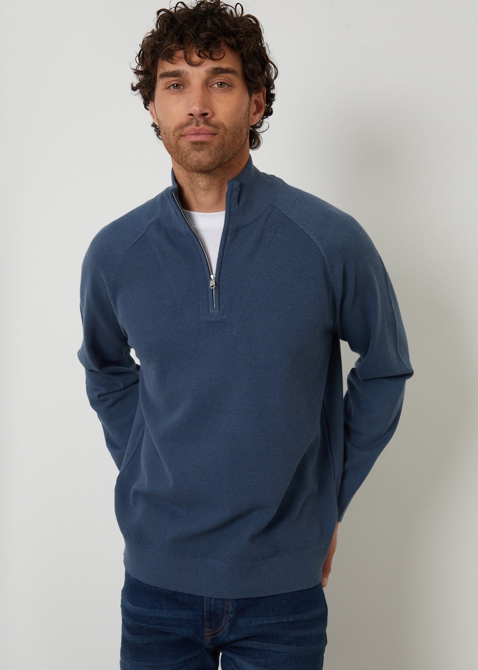 Threadbare Blue Mock Tee Textured Knit Quarter Zip Jumper