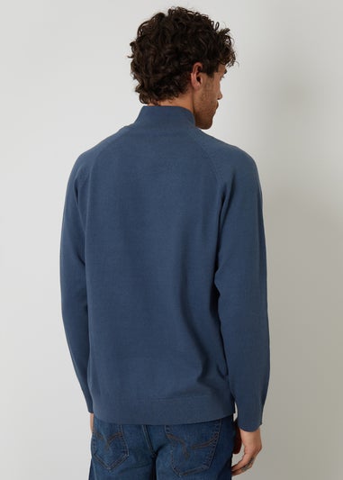Threadbare Blue Mock Tee Textured Knit Quarter Zip Jumper