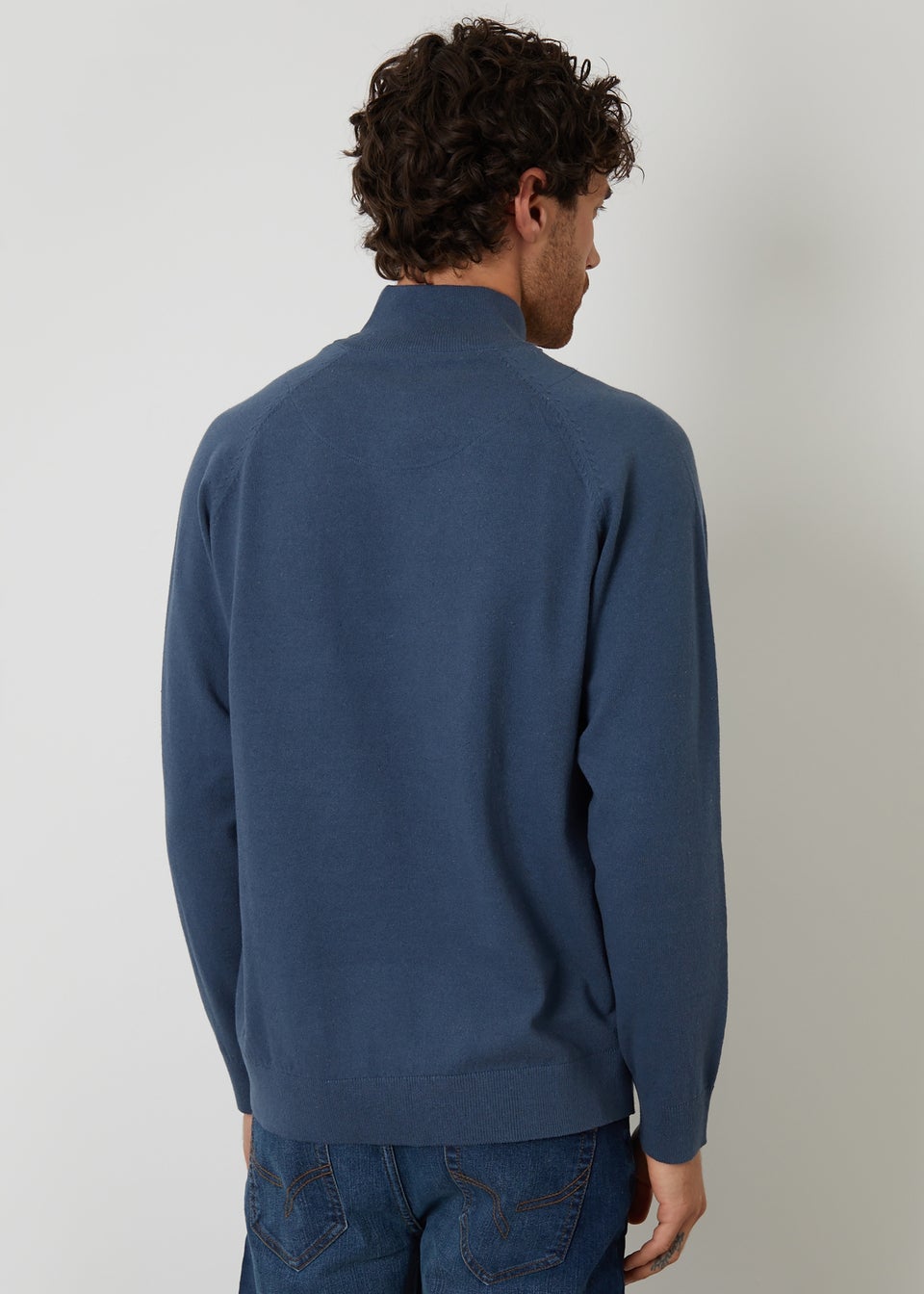 Threadbare Blue Mock Tee Textured Knit Quarter Zip Jumper