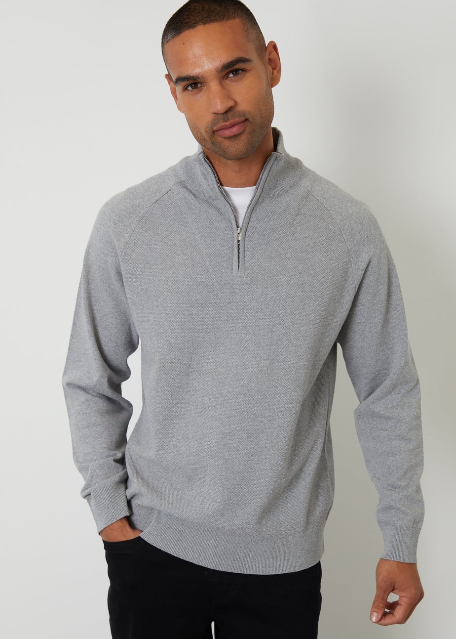 Threadbare Grey Mock Tee Textured Knit Quarter Zip Jumper