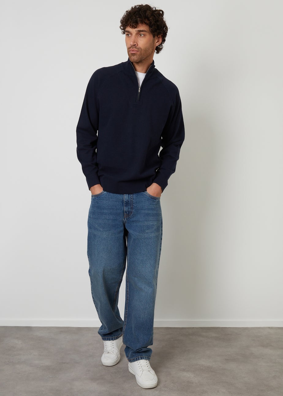 Threadbare Navy Mock Tee Textured Knit Quarter Zip Jumper