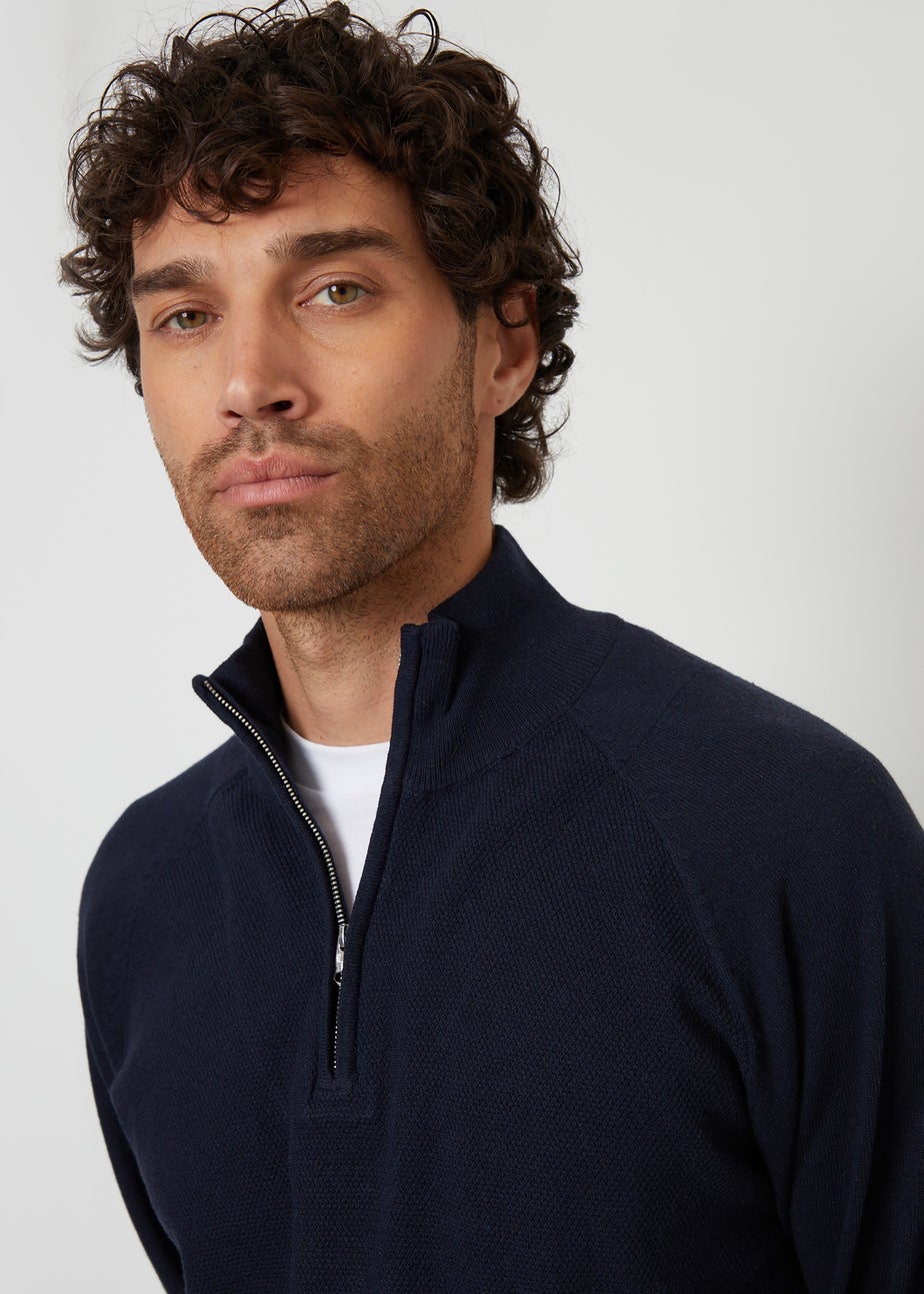Threadbare Navy Mock Tee Textured Knit Quarter Zip Jumper