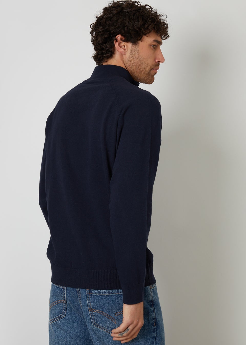 Threadbare Navy Mock Tee Textured Knit Quarter Zip Jumper
