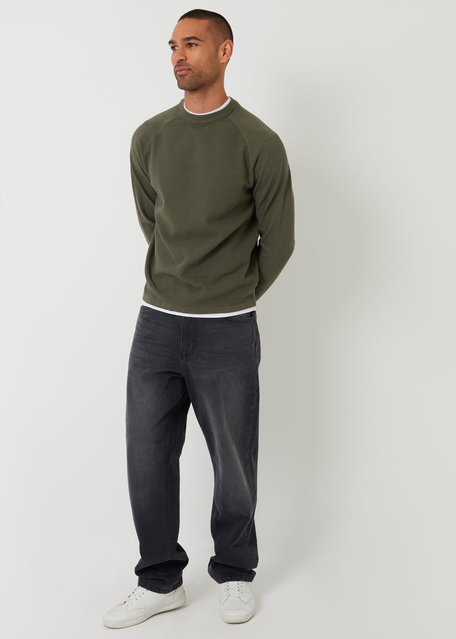 Threadbare Khaki Mock Tee Textured Knit Crew Neck Jumper