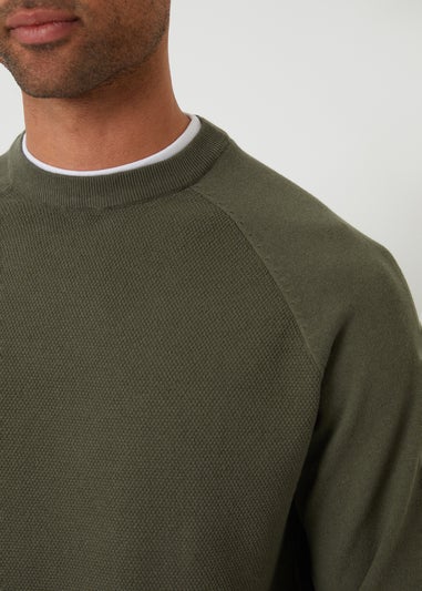 Threadbare Khaki Mock Tee Textured Knit Crew Neck Jumper