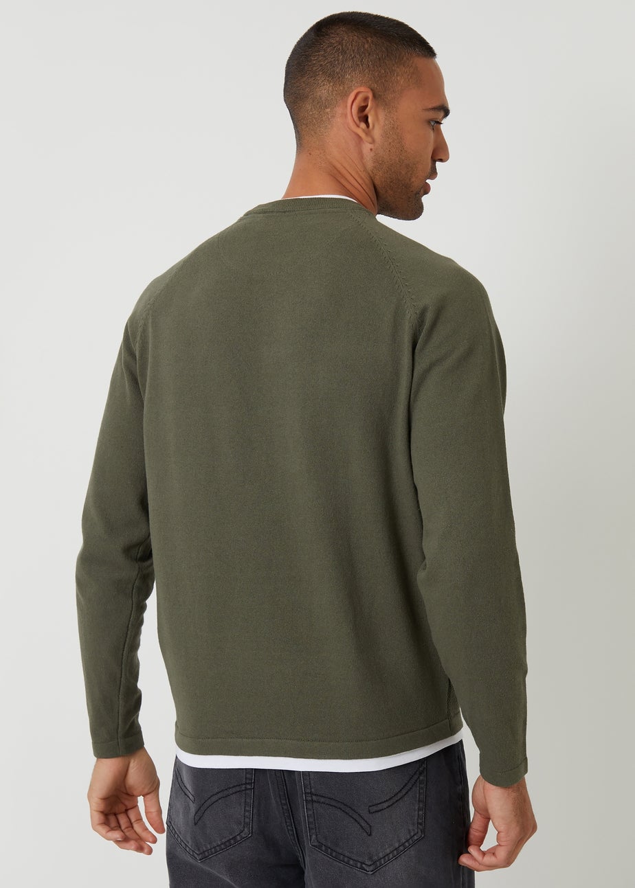 Threadbare Khaki Mock Tee Textured Knit Crew Neck Jumper