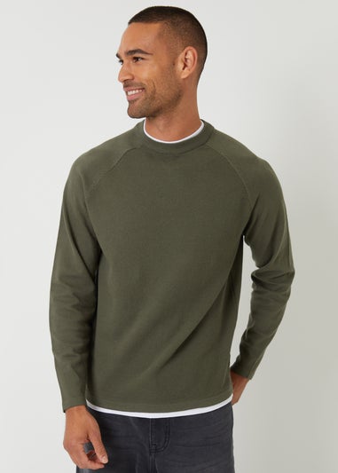 Threadbare Khaki Mock Tee Textured Knit Crew Neck Jumper