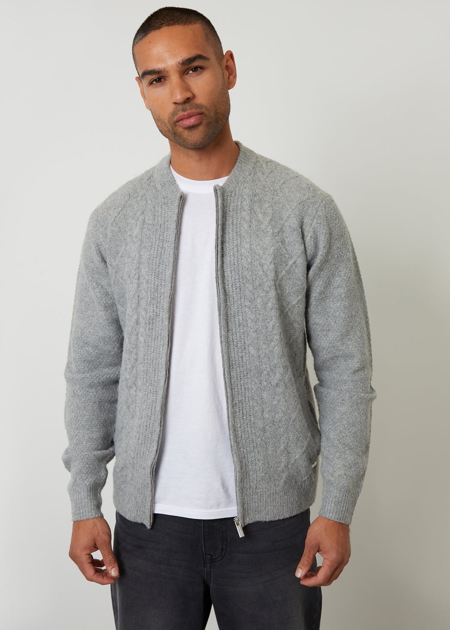 Threadbare Grey Bomber-Style Cable Knit Zip Through Cardigan