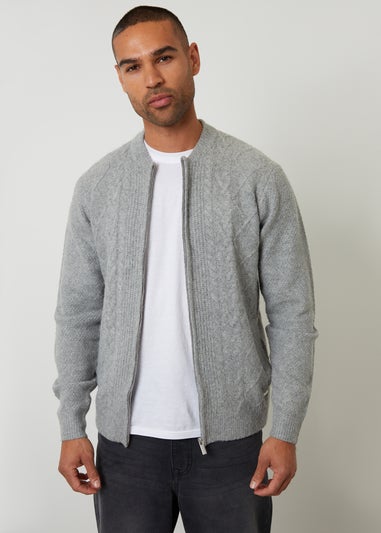 Threadbare Grey Bomber-Style Cable Knit Zip Through Cardigan