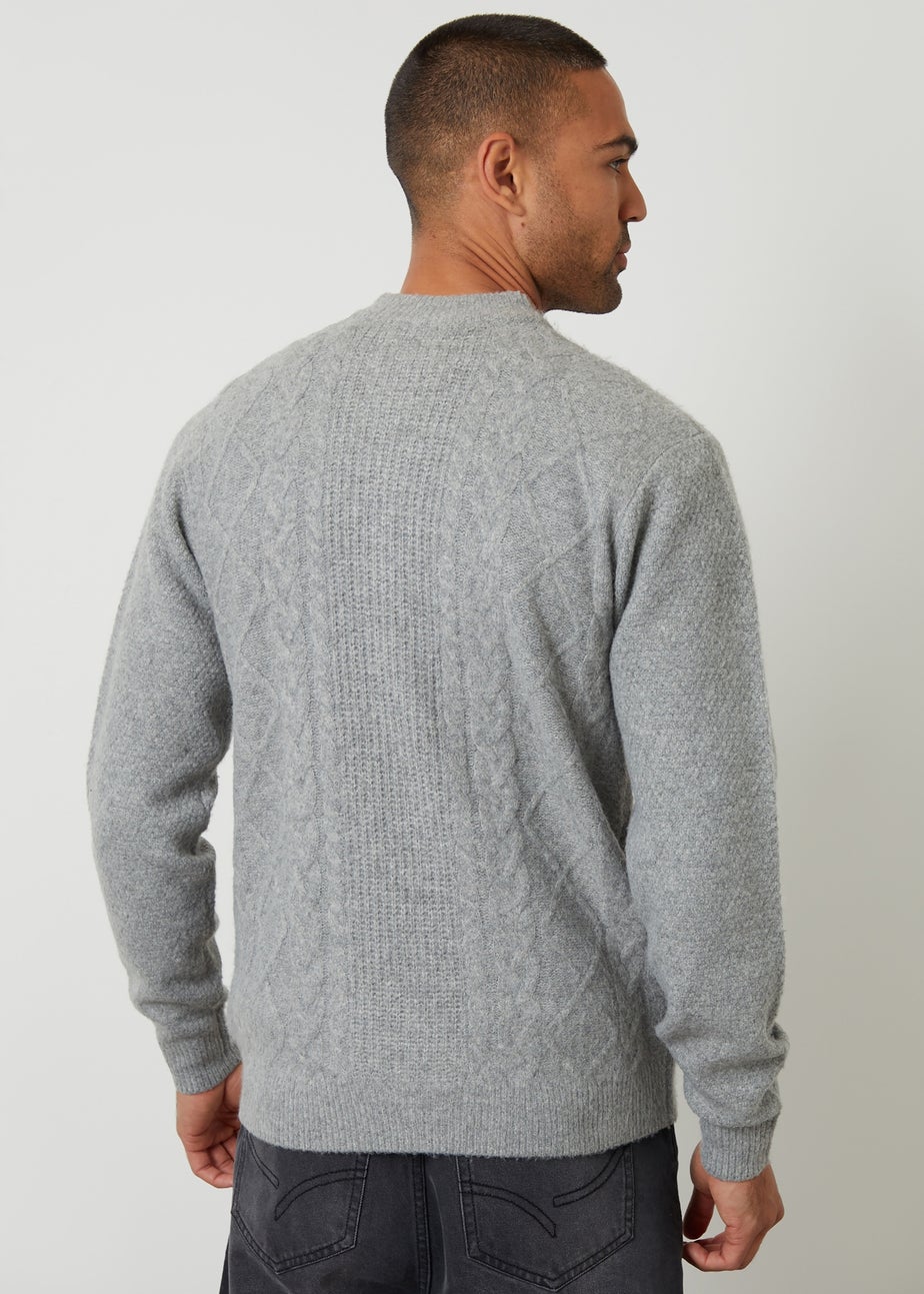 Threadbare Grey Bomber-Style Cable Knit Zip Through Cardigan