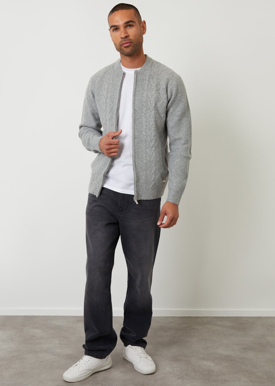 Threadbare Grey Bomber-Style Cable Knit Zip Through Cardigan