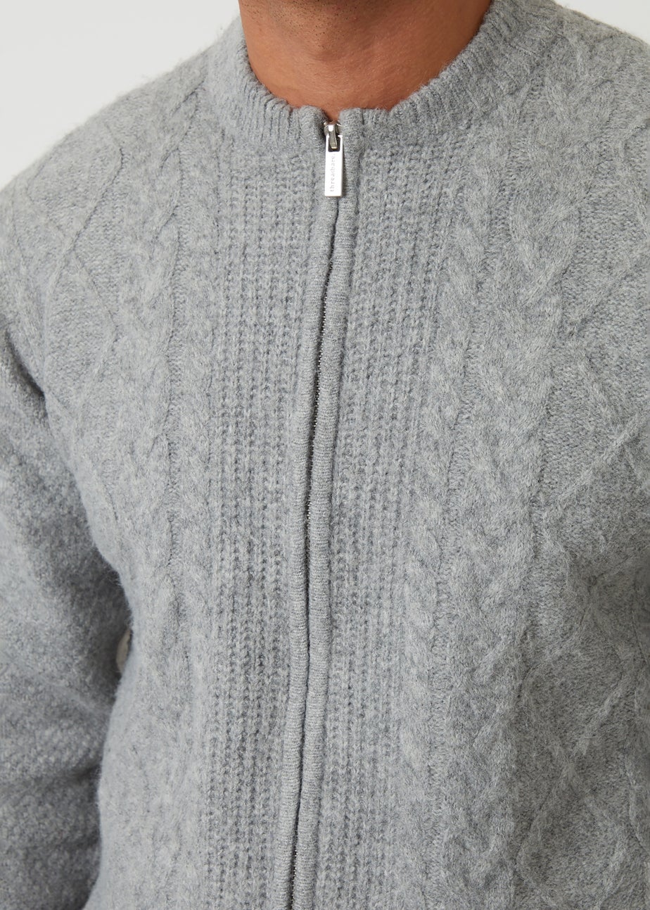 Threadbare Grey Bomber-Style Cable Knit Zip Through Cardigan