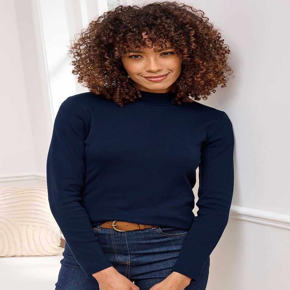 Cotton Traders Navy Wrinkle Free Long Sleeve Turtleneck Top